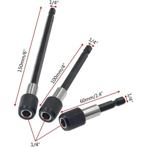 SUN FLOWERDE 6-teiliger Schraubendreher-Bithalter 1/4" Sechskantschaft Bohrer Werkzeug-Set Schnellwechselfutter Bohrer Schraubendreher-Bit Federhalter Verlängerungsset Für Schrauben, Muttern, Bohrer (60mm/100mm/150mm) – Bild 2