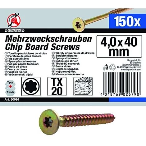 KRAFTMANN BGS DO IT YOURSELF 80994 | MEHRZWECKSCHRAUBEN | T-PROFIL (FÜR TORX) T20 | 4,0 X 40 MM | 150 STÜCK