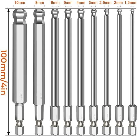 TINOR Ball End Hex Schraubendreher 9 Pcs Sechskantschaft Kugelkopf Schraubendreher 1,5/2/2,5/3/4/5/6/8mm/10mm Innensechskant Kugelkopf Schraubendreher Satz – Bild 2