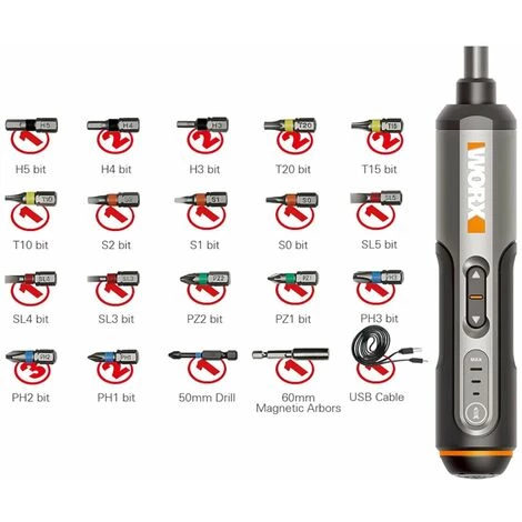 LIFCAUSAL Worx WX240 4 V USB Mini-Schraubendreher, Kabellos, Elektroschrauber, Schlauchhalter, DIY-Schraubendreher, Werkzeuggriff Mit 26-teiligem Bit, Manuelle Und Automatische Integration, 3-Gang-Drehmoment, Einhandbedienung, Lange Batterie