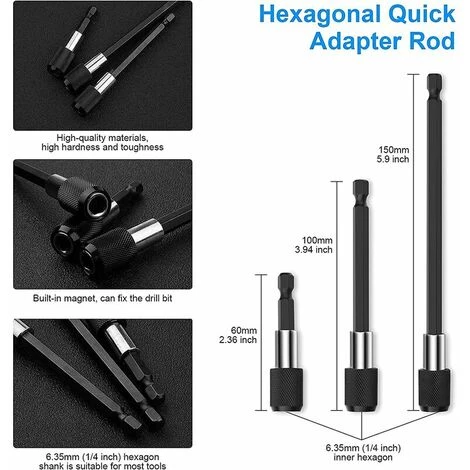THSINDE Drehmaschinenzubehör, Magnetischer Schraubendreher-Bithalter, 3 Magnetische Schraubendreher-Bits Mit Sechskantschaft + 1 Rechtwinkliger Bohrer + 1 Flexibler Winkelverlängerungs-Bohrfutter + 3 Thisnde-Schlagschrauber-Bits – Bild 2
