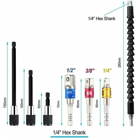 THSINDE Drehmaschinenzubehör, Magnetischer Schraubendreher-Bithalter, 3 Magnetische Schraubendreher-Bits Mit Sechskantschaft + 1 Rechtwinkliger Bohrer + 1 Flexibler Winkelverlängerungs-Bohrfutter + 3 Thisnde-Schlagschrauber-Bits – Bild 5