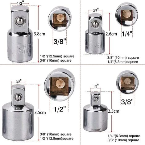 GDRHVFD 3-teiliges Universalgelenk 1/2" 1/4" 3/8" + 4 Reduzieradapter Für Ratschenschlüsseleinsätze 1/2" 3/8" 1/4" Werkzeugzubehör – Bild 3